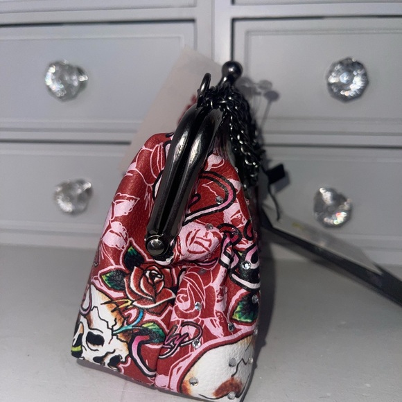 NWT Ed Hardy Floral Red Bedazzled Small bag/coin purse with Chain - Picture 5 of 8